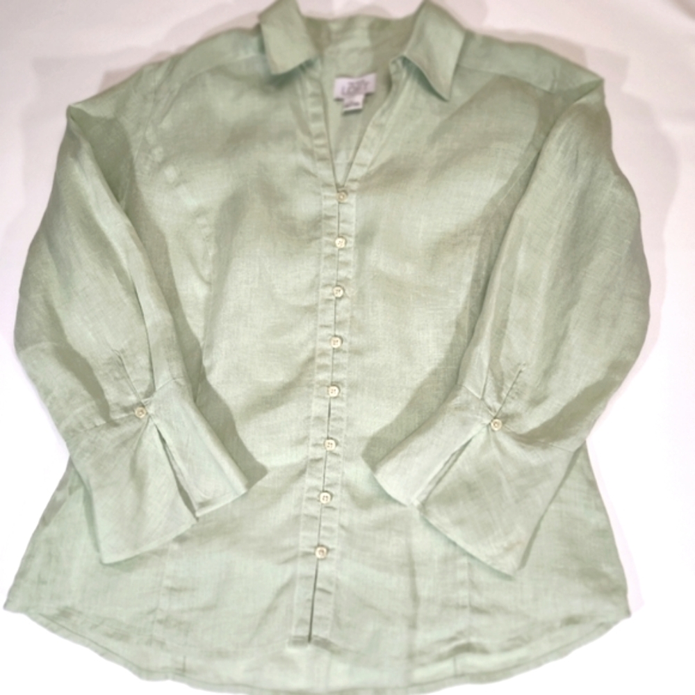 Ann Taylor LOFT 100% Linen Light Green Long Sleeve Top Size Large